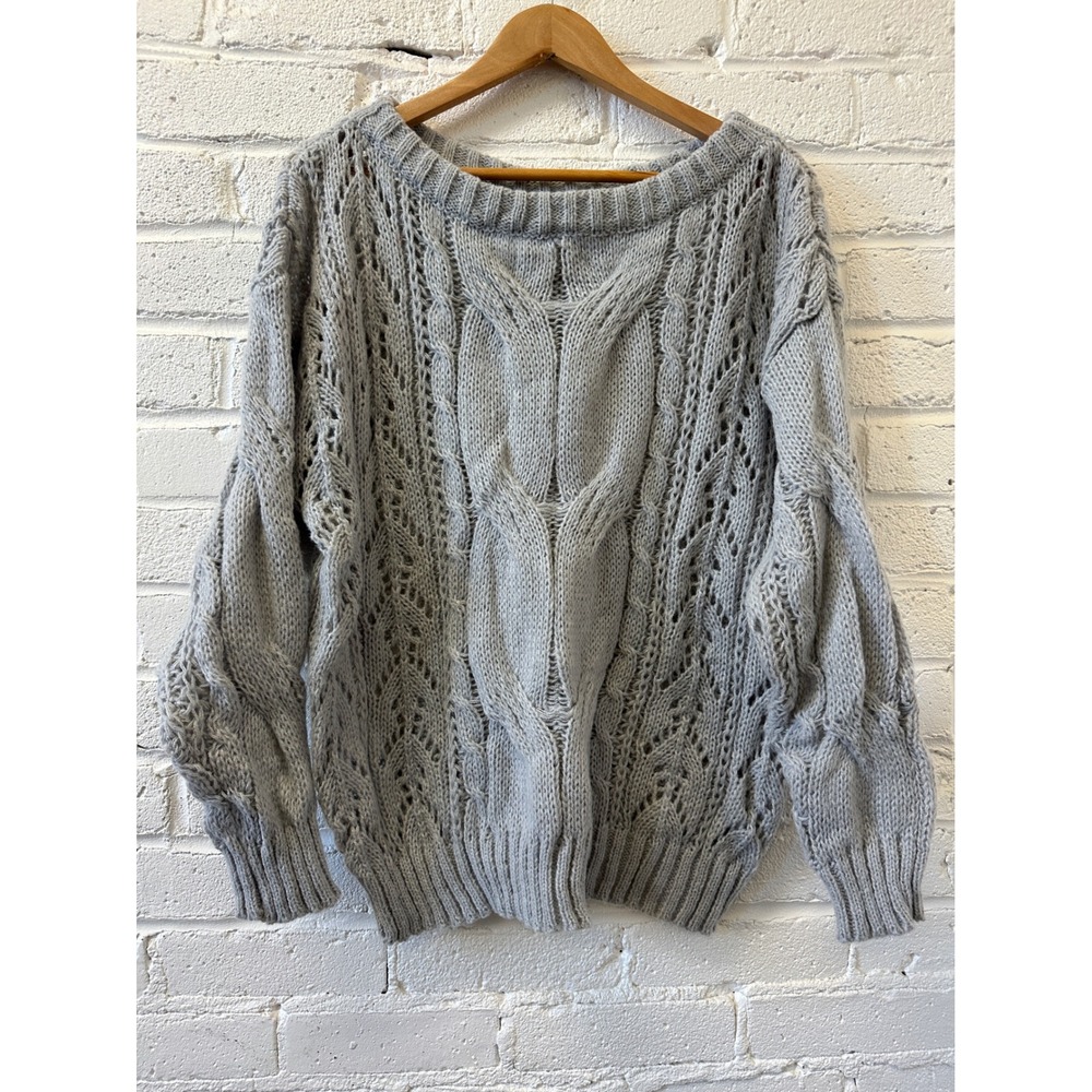 Cable Knit Sweater Womens Large Gray Chunky Cottagecore Coastal Oversized